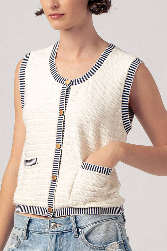 Striped Trim with Gold Buttons Sweater Vest