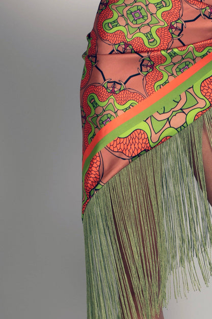 Orange and Green Satin Fringe Sarong