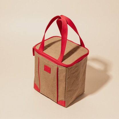 Brown cooler bag with red handles and trim on a beige background