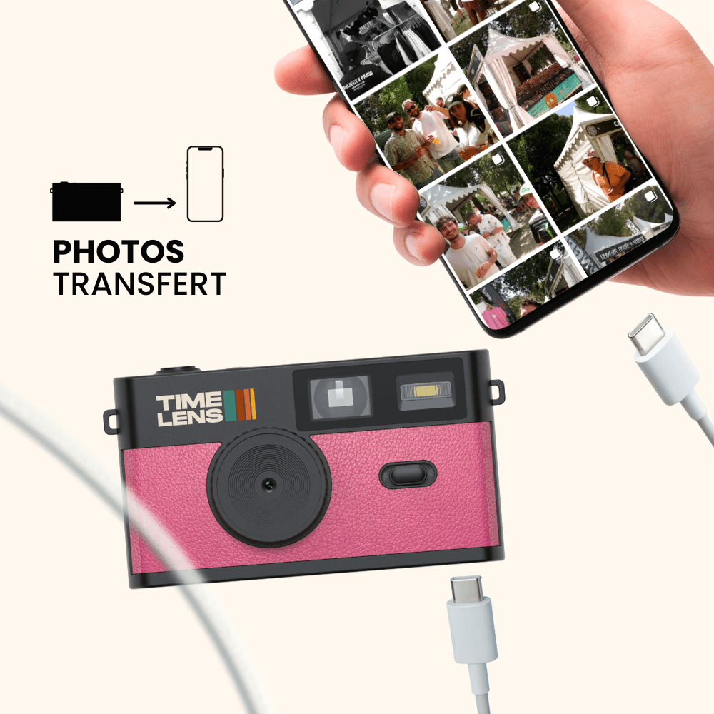 Pink camera with 'Time Lens' branding, connected to a phone displaying photo collage, with text 'Photos Transfert'.