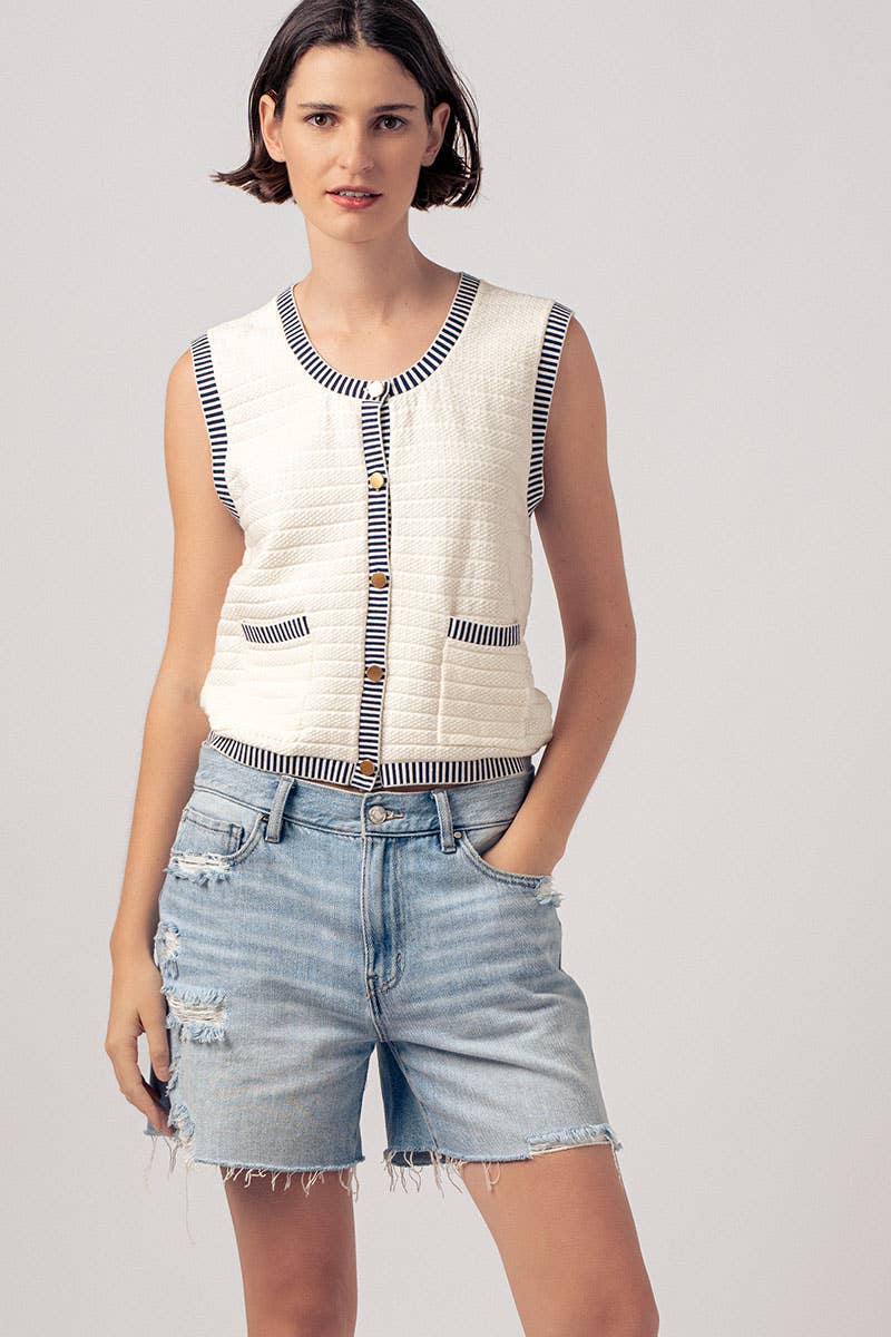 Striped Trim with Gold Buttons Sweater Vest