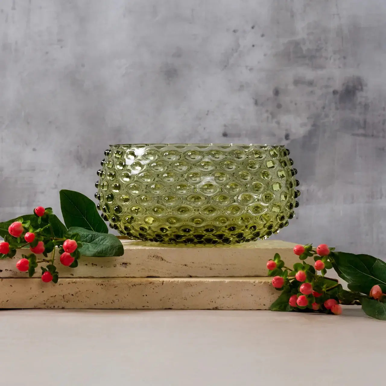 Handblown Hobnail Bowl in Moss Green