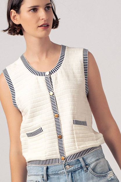 Striped Trim with Gold Buttons Sweater Vest