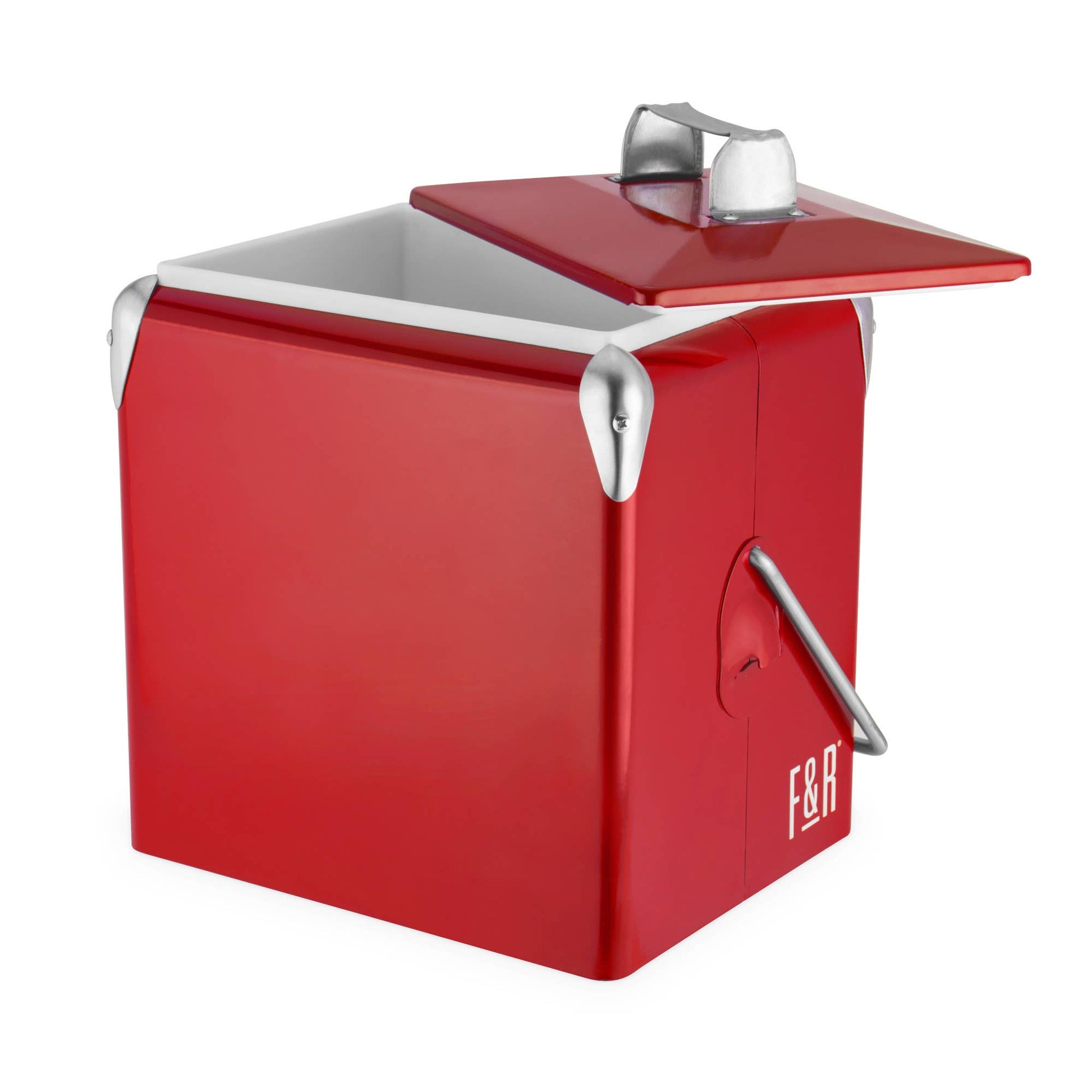 Red cooler box with silver handles on a white background