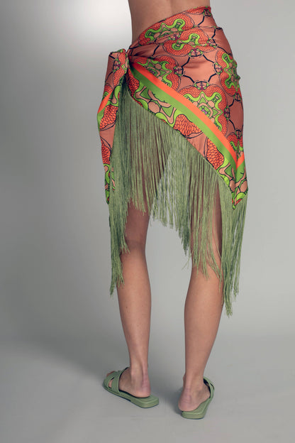 Orange and Green Satin Fringe Sarong