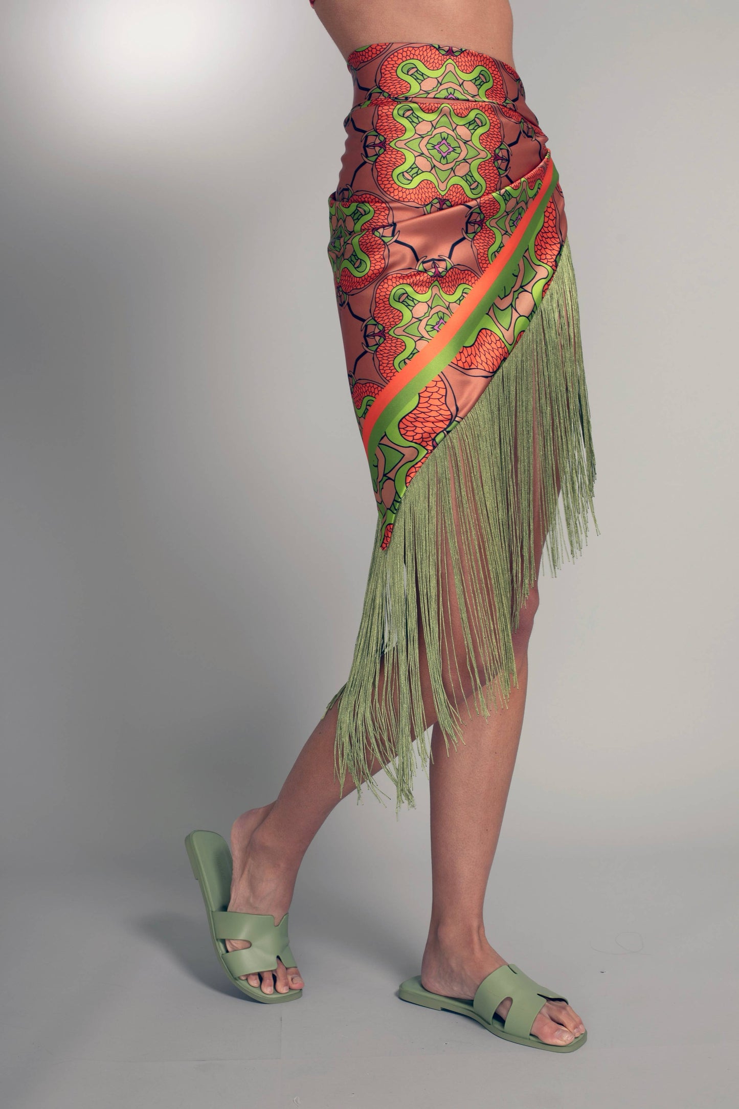 Orange and Green Satin Fringe Sarong