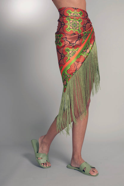 Orange and Green Satin Fringe Sarong