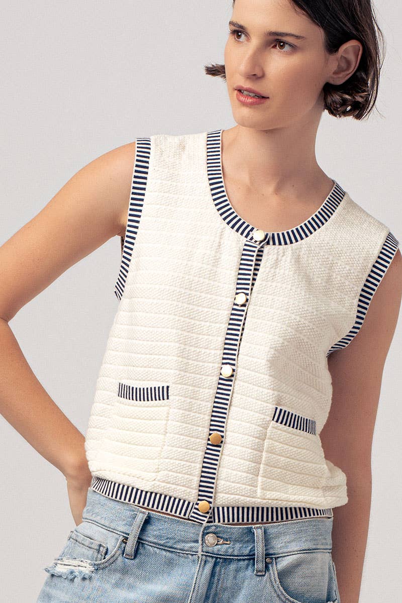 Striped Trim with Gold Buttons Sweater Vest