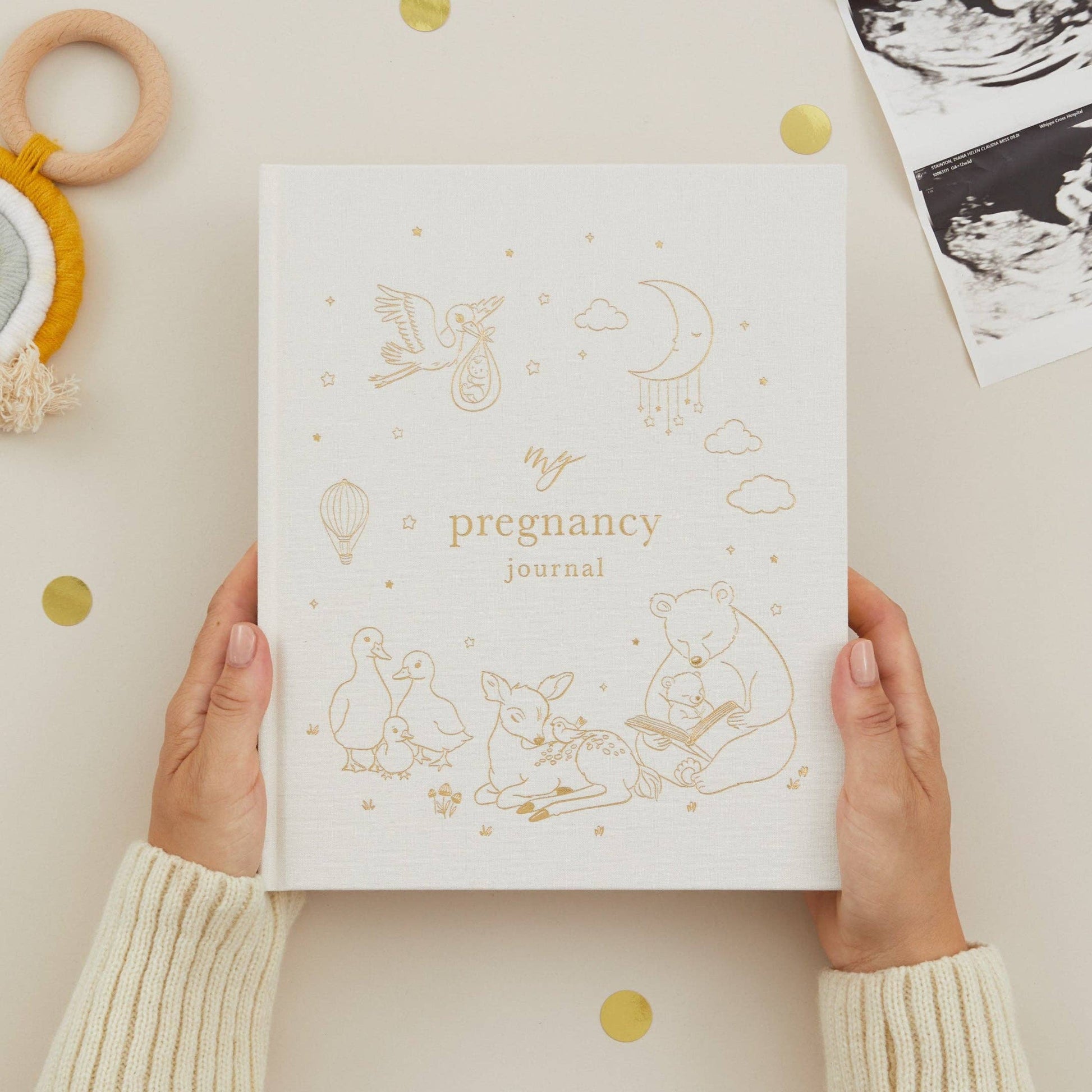 Pregnancy journal held by a person with decorative elements on a light background