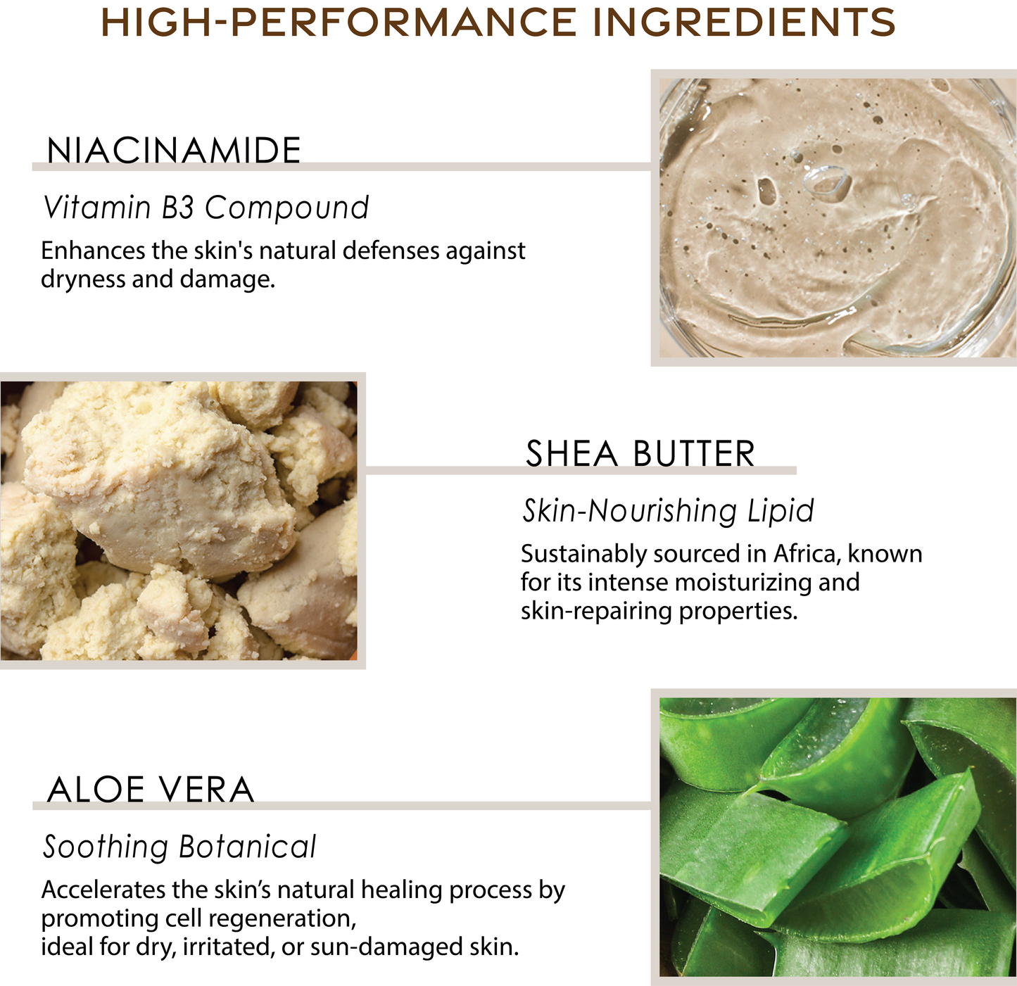 Product packaging with high-performance ingredients including niacinamide, shea butter, and aloe vera.